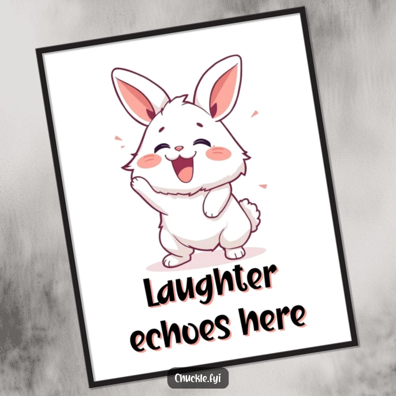 Funny poster of a fluffy bunny shaking intensely with laughter, capturing a moment of pure, unbridled mirth.