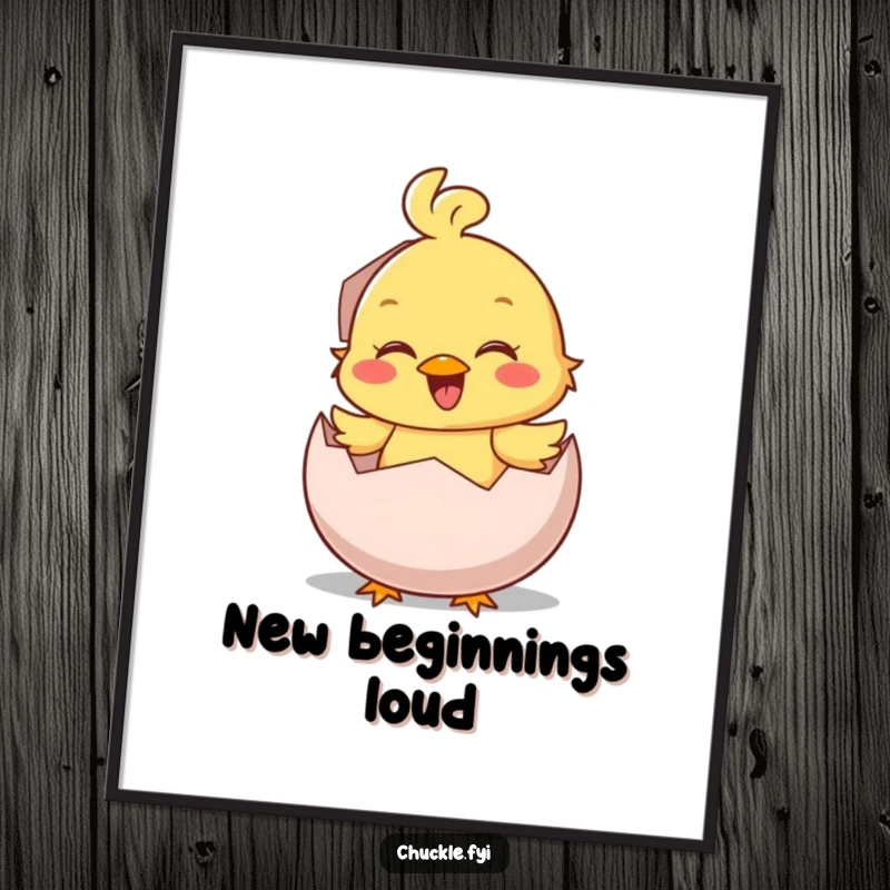 Funny Poster: A smiling chick character emerges from an egg with a boisterous chirp, bringing joy and cuteness.