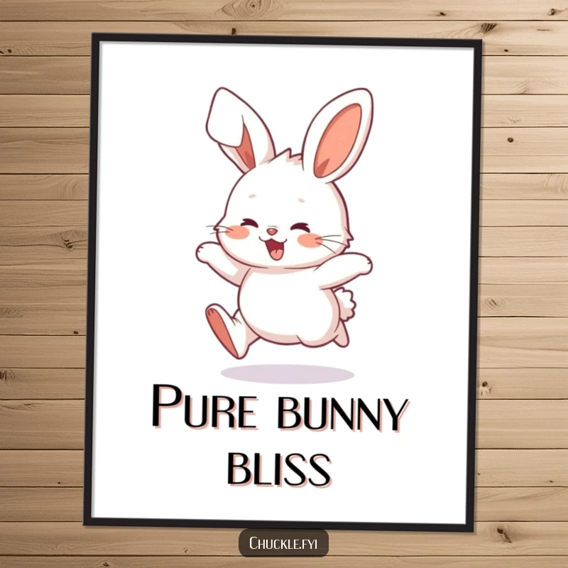Funny Fluffy Bunny Poster capturing a character hopping with energetic delight, ears flopping, a vibrant and humorous piece of wall art, funny gift.