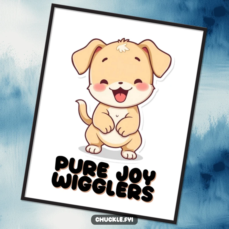 Funny playful puppy character experiencing a full-body wiggle from tail wagging, as wall art.