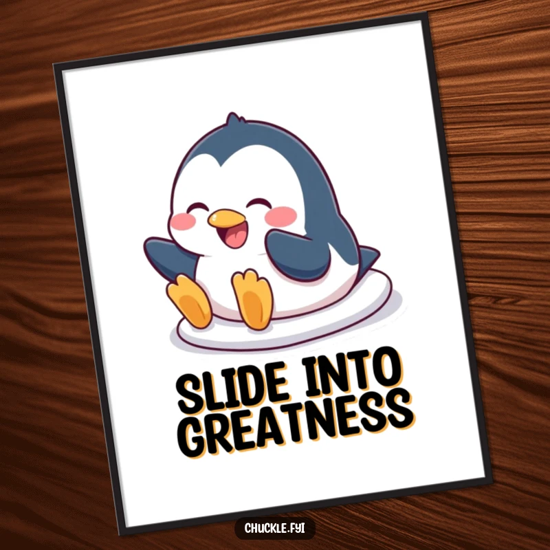 Funny penguin poster featuring a character masterfully sliding on its belly with a huge, beaming smile, embodying pure, comical delight.
