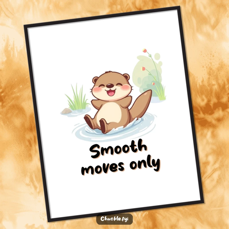 Funny Poster: A joyful otter character gleefully slides down a smooth riverbank, bringing pure fun and playful energy.