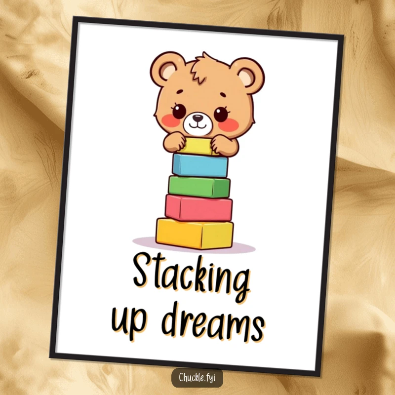 Funny bear cub poster art of a brave little bear cub meticulously attempting to balance a precarious stack of colorful blocks.
