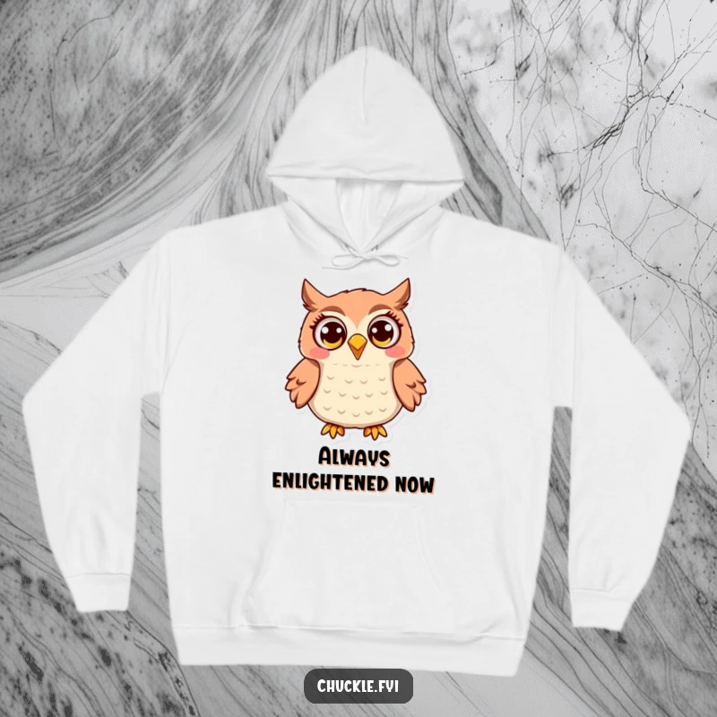 Funny Owl Hoodie: A jovial owl with wide, expressive eyes, hooting with pure delight, radiating warmth and humor.