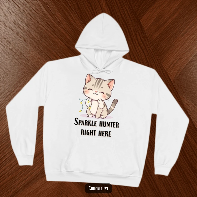 Funny cat hoodie with a curious cat playfully swatting at tiny, sparkling lights, exuding charm and wonder.