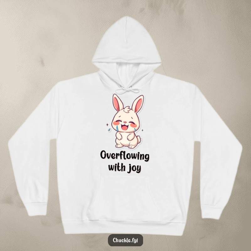 Funny kawaii bunny giggling uncontrollably, with tears of joy streaming, featured on a warm hoodie, radiating happiness.
