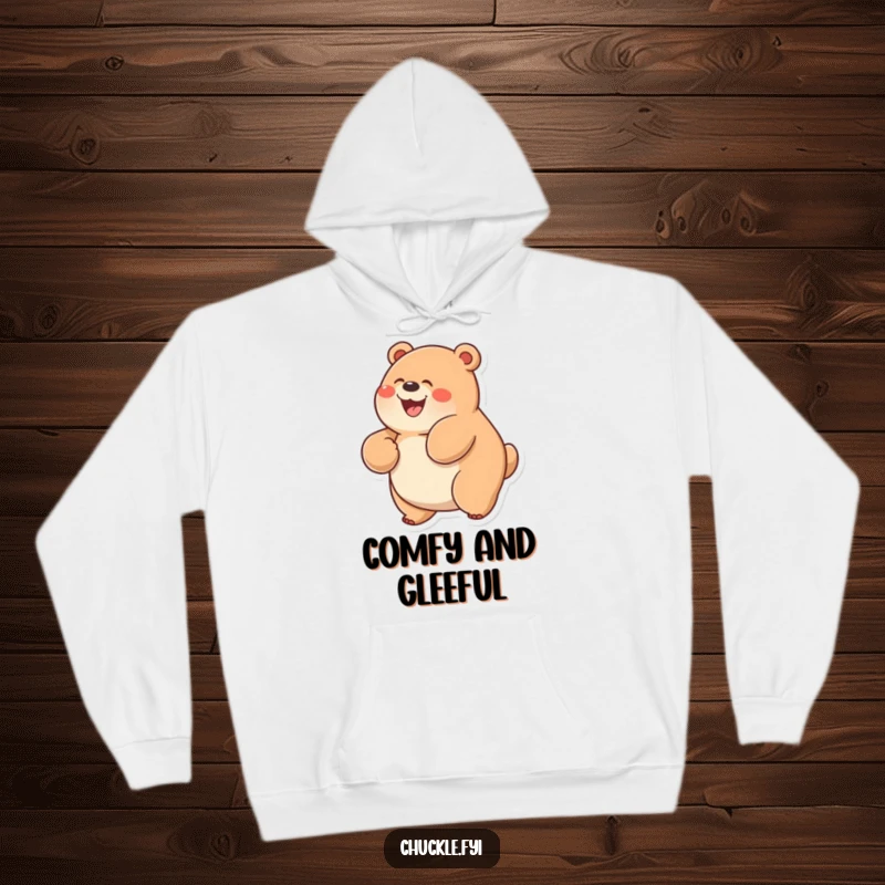 Funny Chubby Bear Hoodie showing a bear grinning widely while rolling on its back in utter delight and happiness.