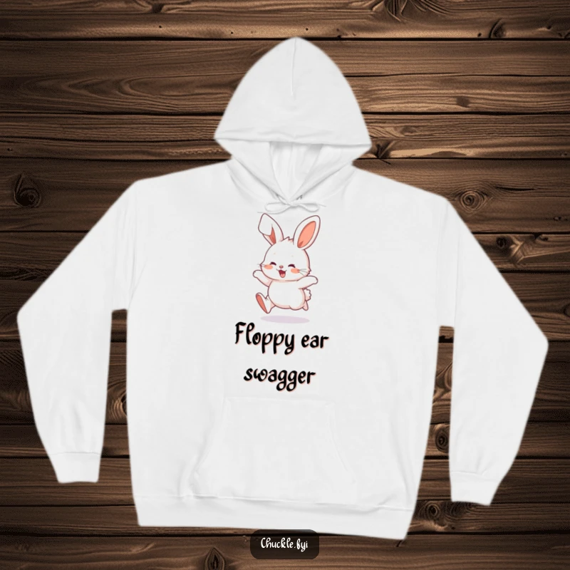 Funny Fluffy Bunny Hoodie showing a character hopping with delight, ears flopping wildly, a warm and humorous item, perfect funny gift.