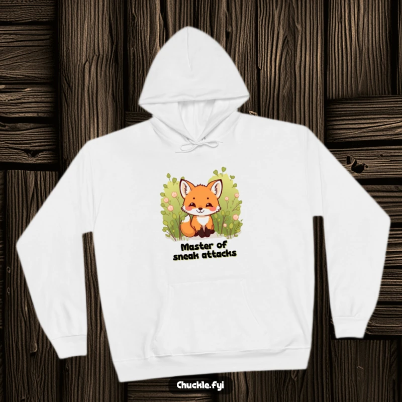 Funny Fox Cub Hoodie: A tiny, sweet fox cub peeking out from behind a bush, sharing a silent, hearty chuckle.
