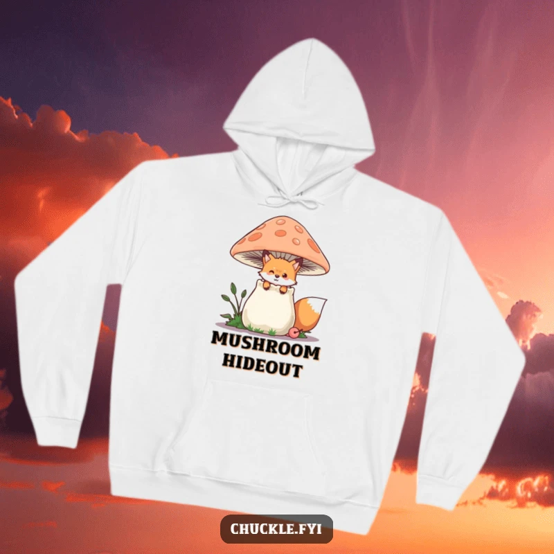 Funny Fox Hoodie featuring a playful fox peeking from behind a chuckling mushroom, cozy and humorous, ideal funny gift.