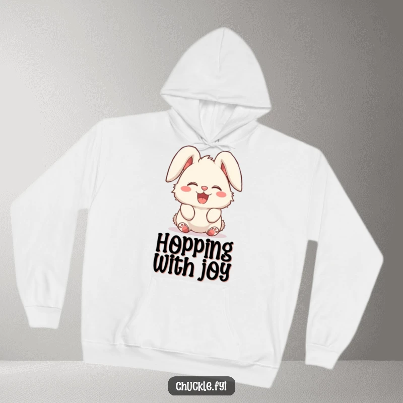 Funny hoodie depicting a fluffy bunny overcome with laughter, its ears completely flopped in delight. Cozy and amusing.