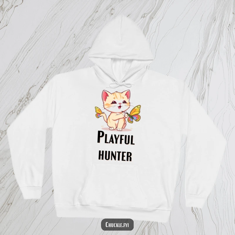Funny Kitten Hoodie featuring a curious kitten chasing a butterfly and purring loudly, cozy and humorous, ideal funny gift.