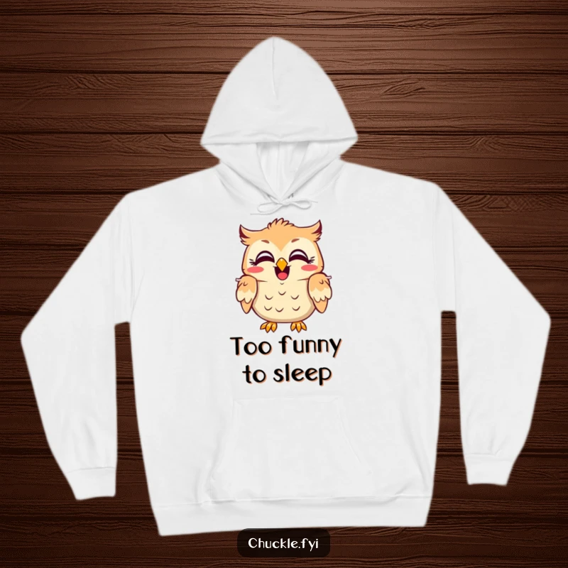 Funny owl hoodie featuring a character with wide, amused eyes, head shaking in laughter, offering cozy and humorous style.