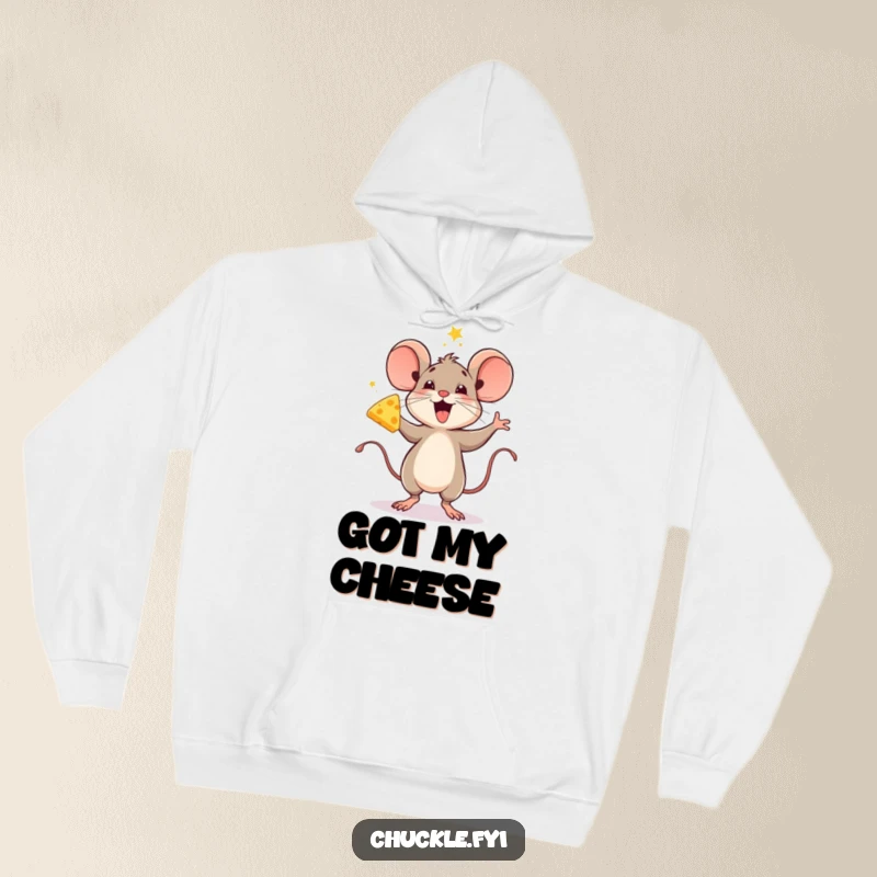 Funny hoodie featuring a delighted mouse character enthusiastically doing a celebratory jig, clutching a delicious piece of cheese.