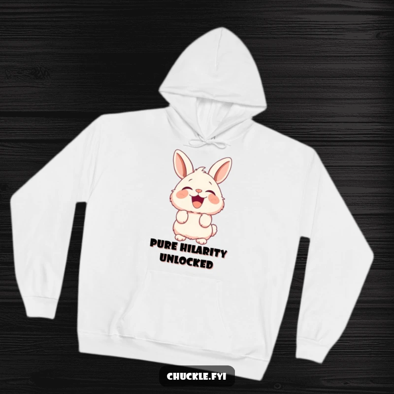 Funny Fluffy Bunny Hoodie showing a rabbit with perked ears overcome with hilarious laughter, cozy and comical.