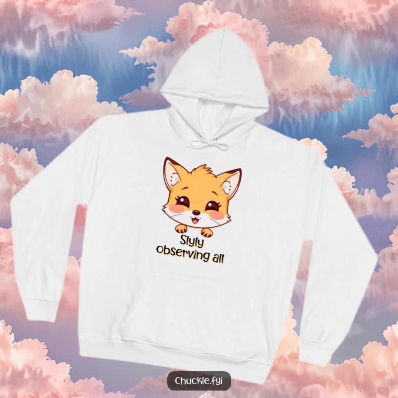 Funny fox hoodie featuring a curious fox with a delighted expression, peeking out from the cozy fabric.