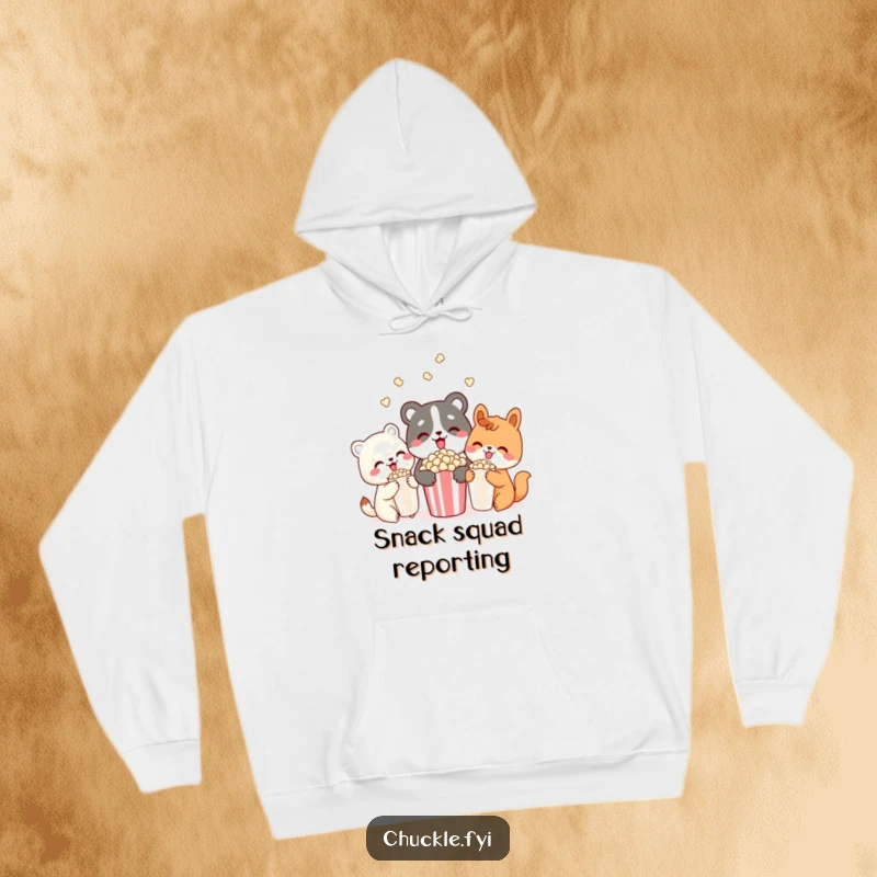 Funny hoodie depicting three cute animal characters delightedly sharing a bowl of popcorn, embodying warmth, friendship, and joyful snacking.