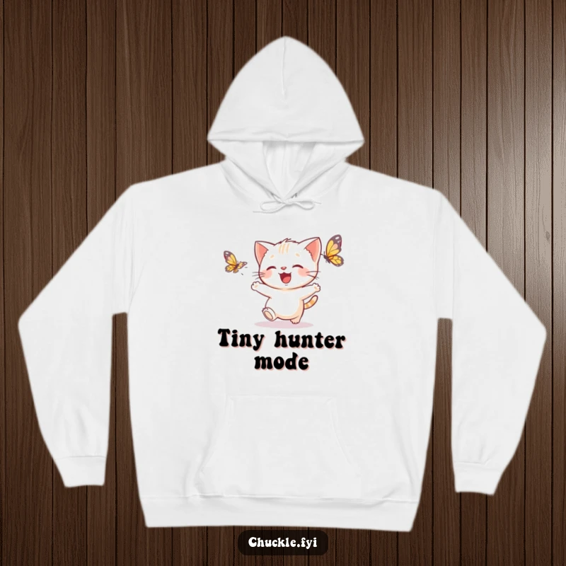 Funny kitten butterfly hoodie with a delighted kitten chasing a fluttering butterfly, a warm and funny gift.