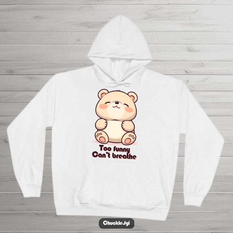 Funny Kawaii bear hoodie featuring a cute bear doubled over with laughter, holding its belly and eyes tightly shut in pure mirth.