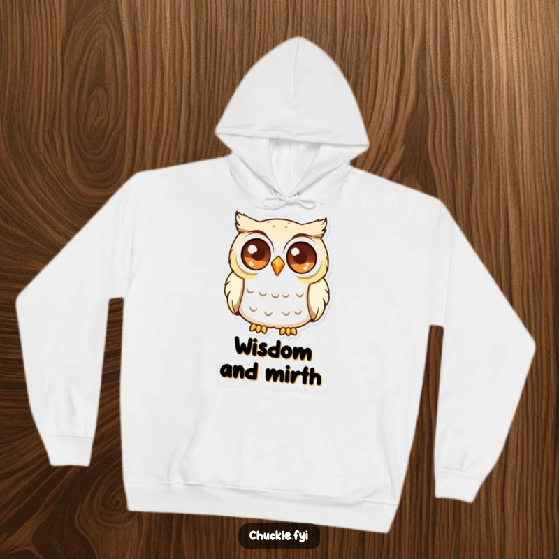 Funny Curious Owl Hoodie depicting a wise owl with large, sparkling eyes, softly chuckling in cozy amusement.