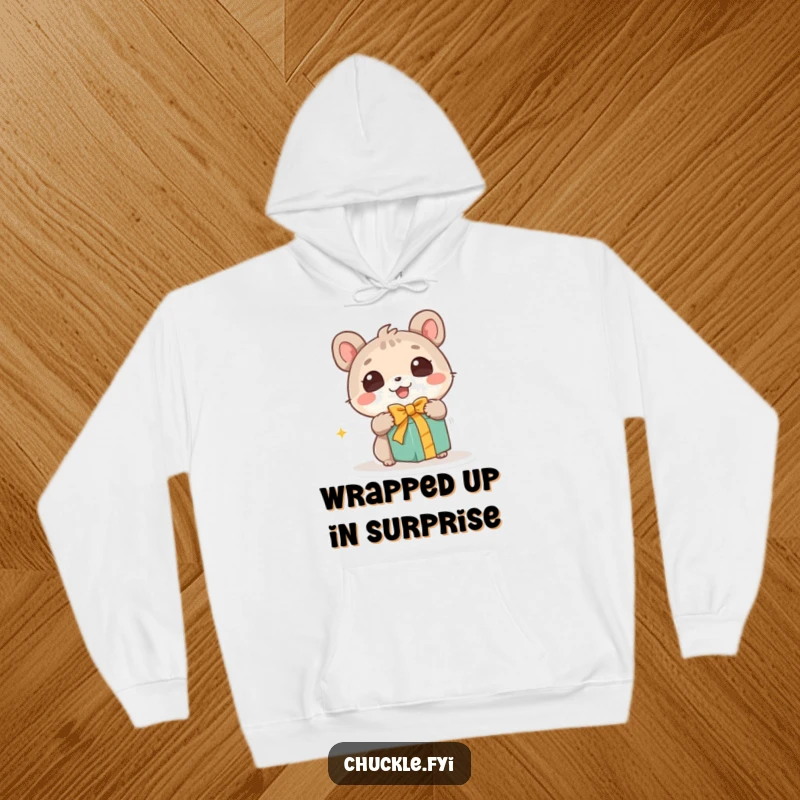Funny hoodie showcasing a cute animal character with wide, wondering eyes excitedly unwrapping a gift, embodying pure delight and the joy of receiving.