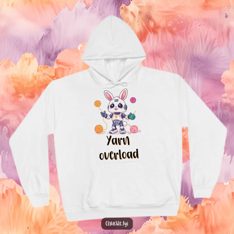 Funny Hoodie featuring a fluffy bunny robot gleefully juggling colorful yarn balls, radiating pure fun. A warm and humorous apparel choice.