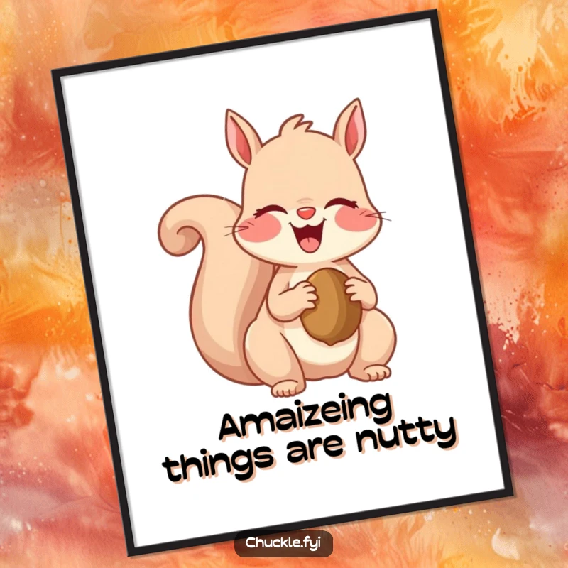 Funny Free Printable Wall Art: A cheerful squirrel with a huge grin holds a nut. Hilarious downloadable decor.