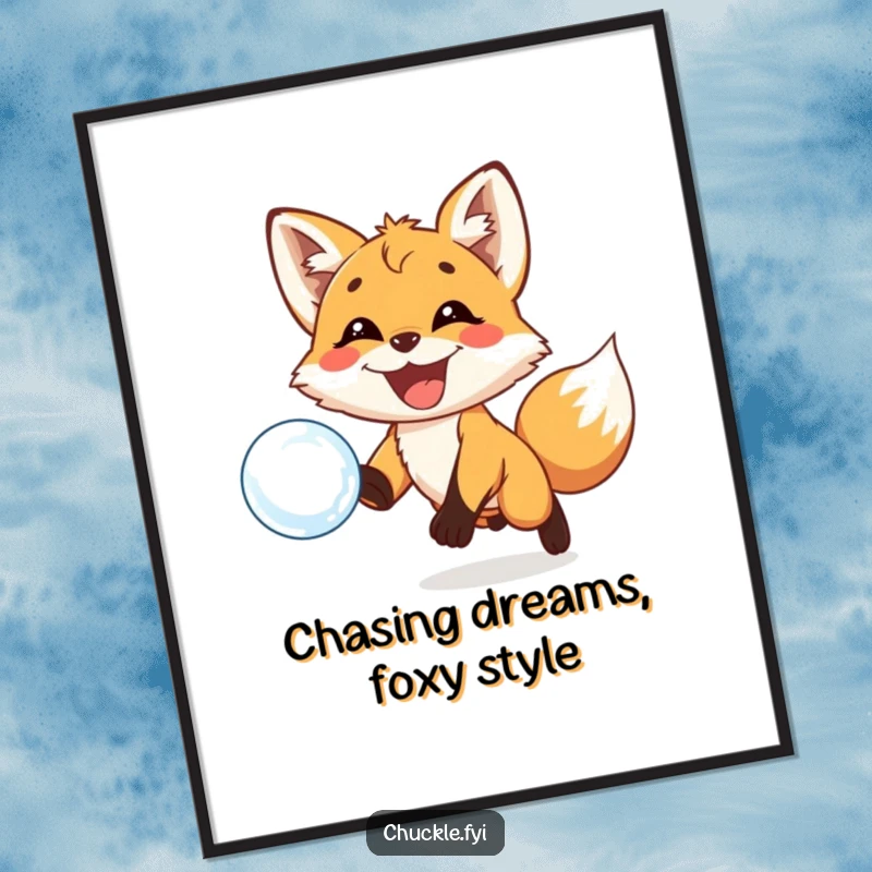 Funny Free Printable Wall Art: A playful fox cub with a huge grin chases after a delicate floating bubble.