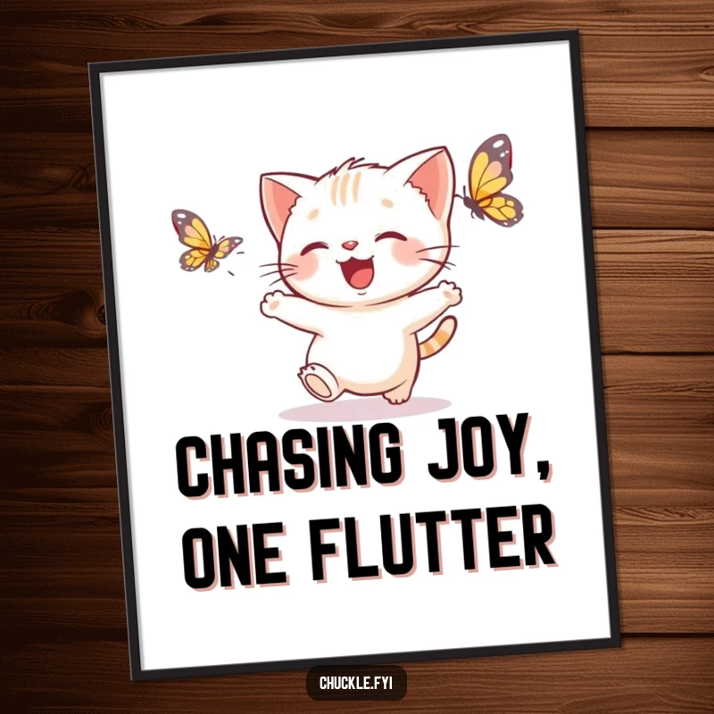 Free Printable Wall Art featuring a delighted kitten playfully chasing a fluttering butterfly in a vibrant, joyful scene.