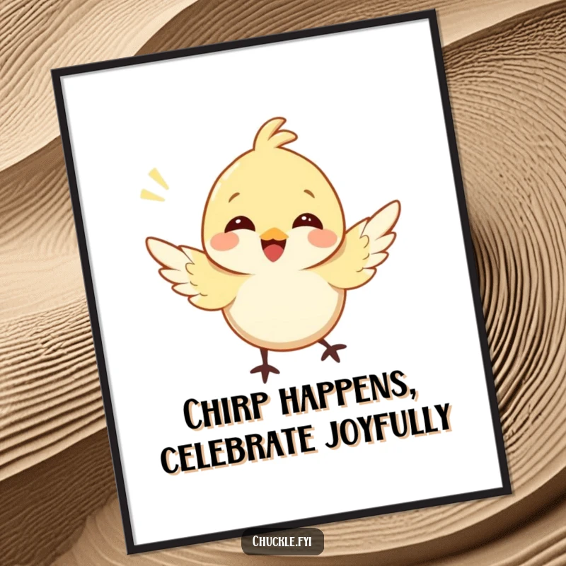 Funny Free Printable Wall Art: A happy bird character in mid-flight, wings fluttering and chirping joyfully.