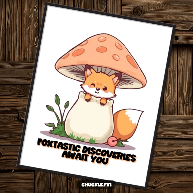 Funny Free Printable Fox Wall Art: Playful fox peeking shyly from behind a large, chuckling mushroom.