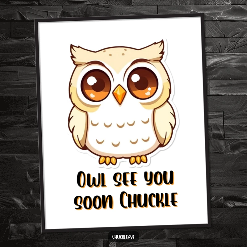 Funny Free Printable Wall Art: A curious owl character with large, sparkling eyes is shown softly chuckling with amusement.