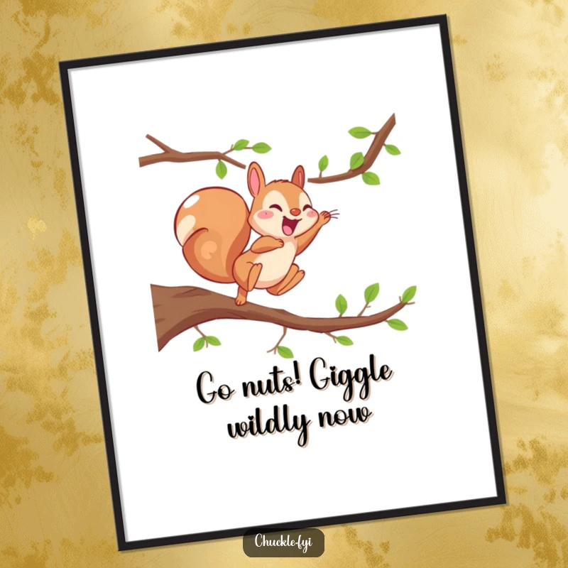 Funny Free Printable Wall Art: An energetic squirrel character is depicted leaping from a branch, giggling gleefully mid-air.