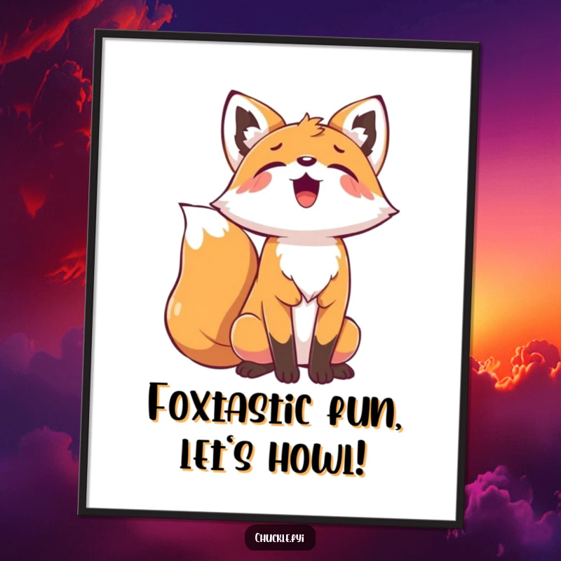 Funny Free Printable Wall Art: A playful fox character is depicted with its head thrown back, letting out a joyful howl.