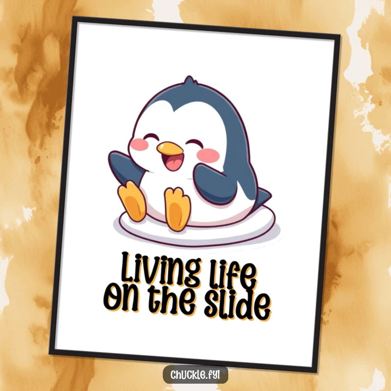 Free Printable Penguin Wall Art: A goofy penguin slides belly-first with a massive grin, adding playful vibes to any room.