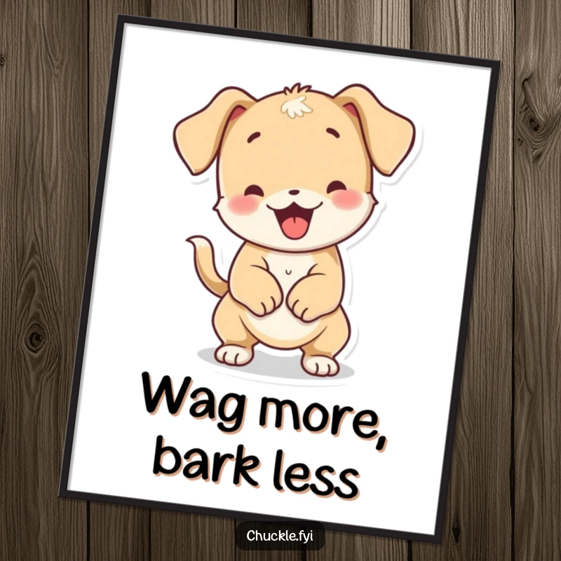 Funny Free Printable puppy character whose body wiggles from a happy, fast-wagging tail, designed as cute downloadable wall art.