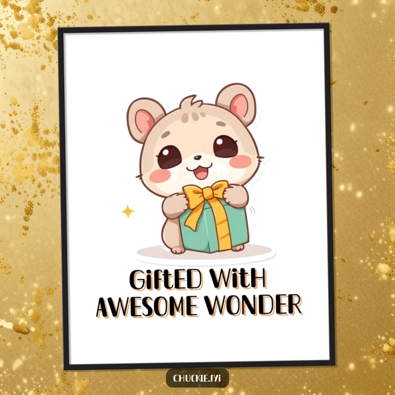 Funny Free Printable Wall Art: Animal with wide, wondering eyes, excitedly unwrapping a mysterious gift, sheer delight.