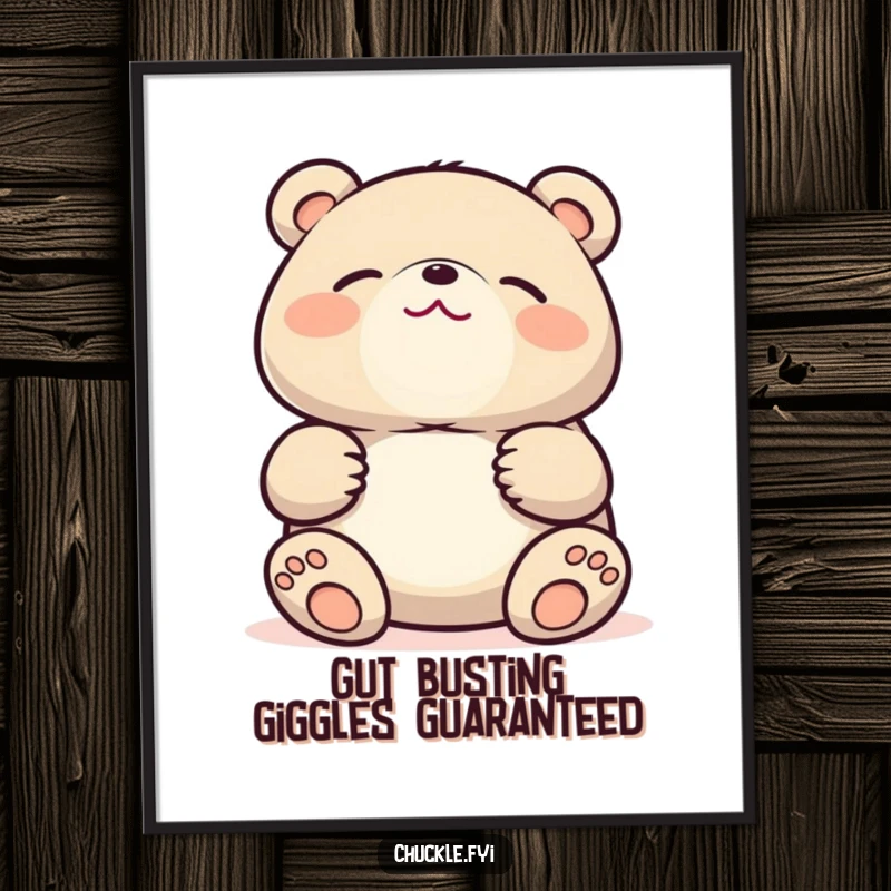 Funny Free Printable Wall Art: A plump kawaii bear holding its stomach, eyes shut, laughing uncontrollably with its head tilted back.