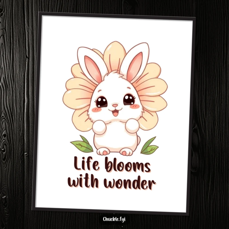 Funny free printable wall art: a fluffy bunny character with wide, curious eyes peeking from behind a giant, laughing flower.