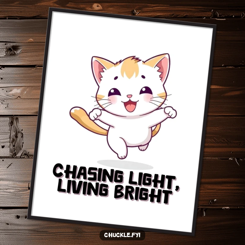 Funny free printable wall art: a playful kitten character joyfully bouncing while chasing a bright beam of light.