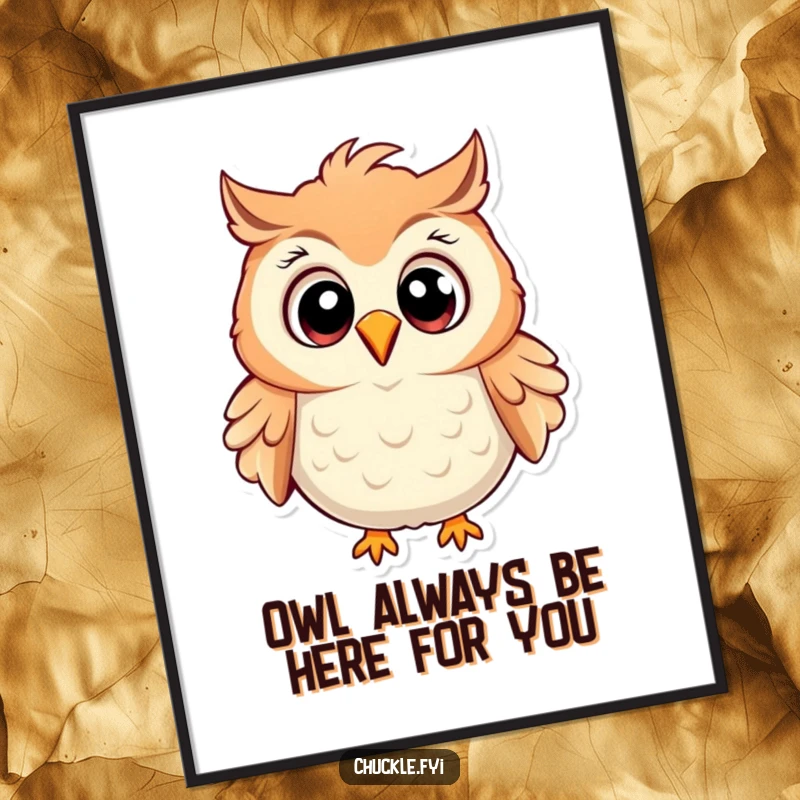 Funny free printable wall art depicting a wide-eyed cartoon owl chuckling heartily, feathers ruffled in a fit of giggles.