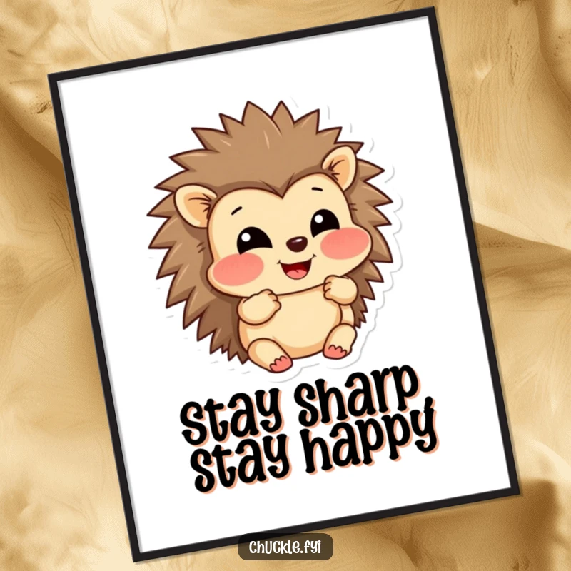Funny Free Printable Wall Art: A grinning hedgehog character comically puffing out its cheeks, radiating amusement.
