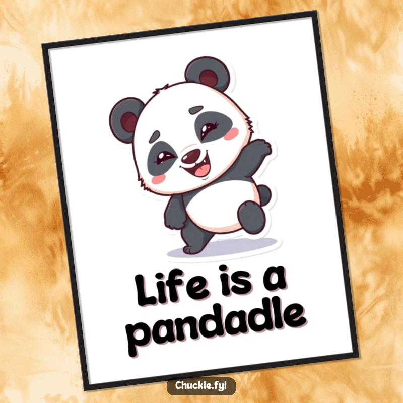 Funny Free Printable Wall Art featuring a bumbling panda tripping with a wide, goofy grin, bringing unexpected joy.