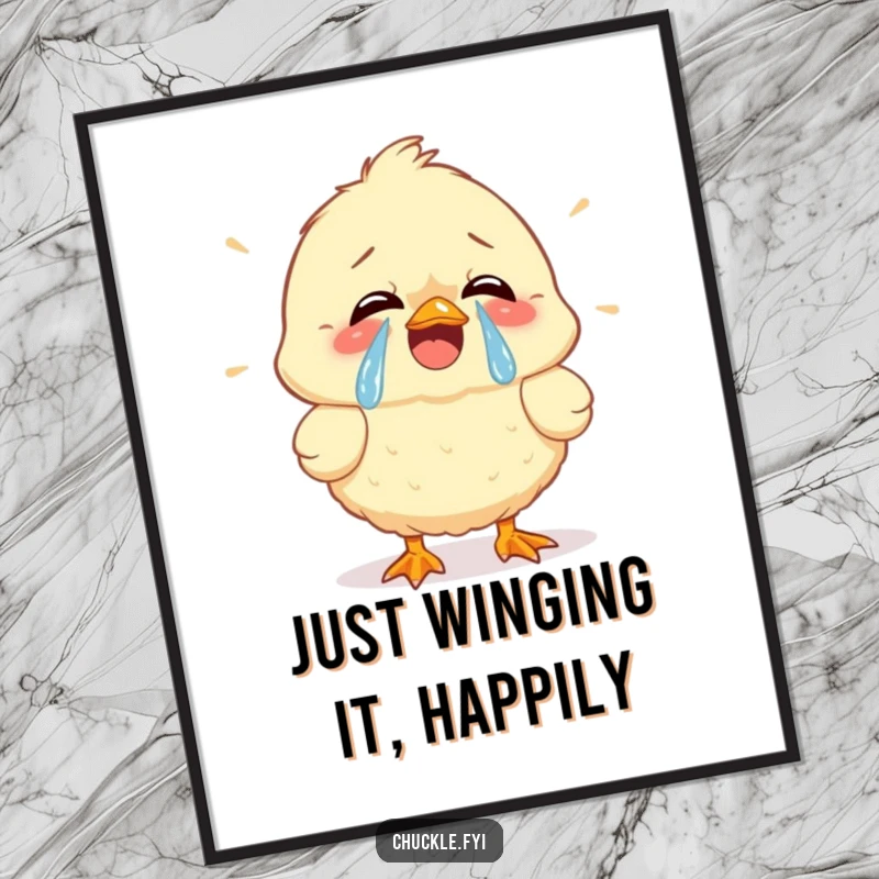 Funny Free Printable Wall Art: A fluffy chick cracking up with tears of joy, perfect for humorous home decor.