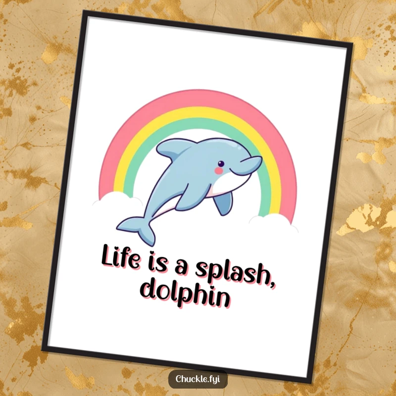 Funny Free Printable Wall Art showcasing a happy dolphin joyfully leaping through a bright, magnificent rainbow arc.