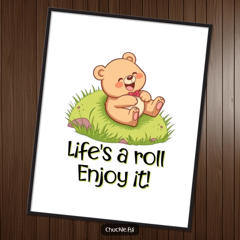 Funny Free Printable Bear Wall Art: Cheerful bear cub giggling uncontrollably while rolling down a lush grassy hill.