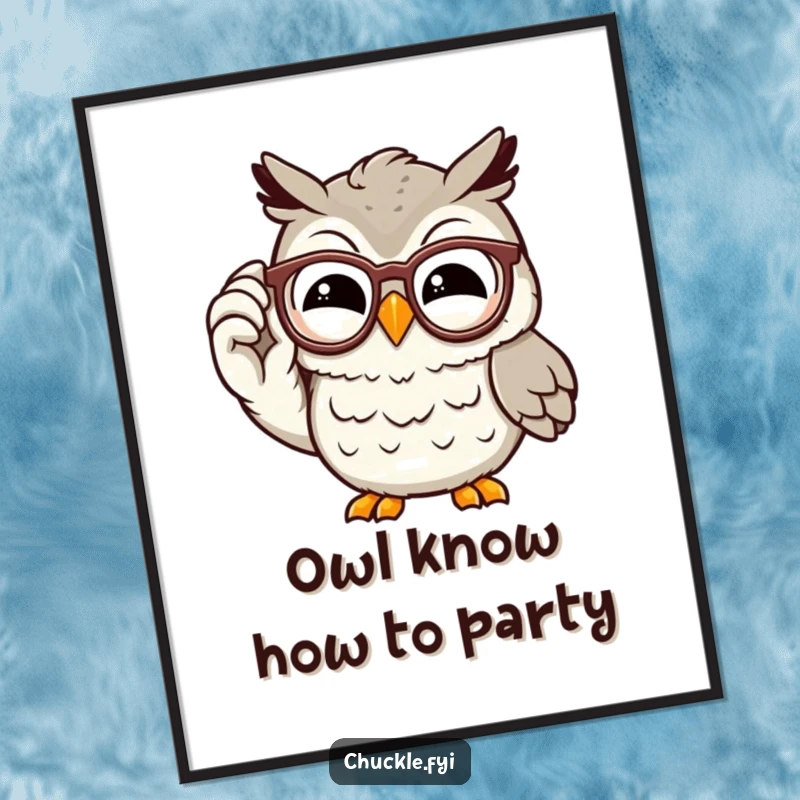 Funny Free Printable Owl Wall Art: A chuckling owl character adjusts its spectacles with a knowing grin.