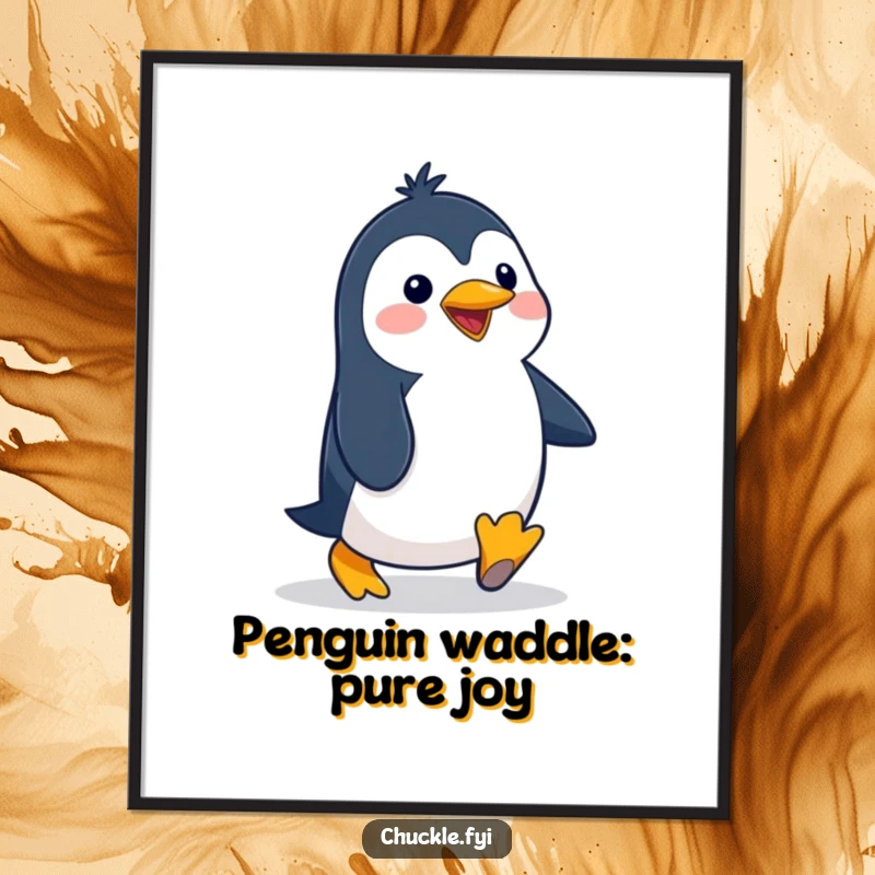 Funny Free Printable Penguin Wall Art: A delighted penguin character waddles with an exaggerated, silly gait across the canvas.