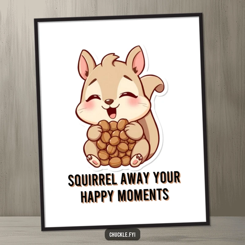 Funny Free Printable Squirrel Wall Art: A happy squirrel with its mouth packed full of nuts, looking utterly amused.