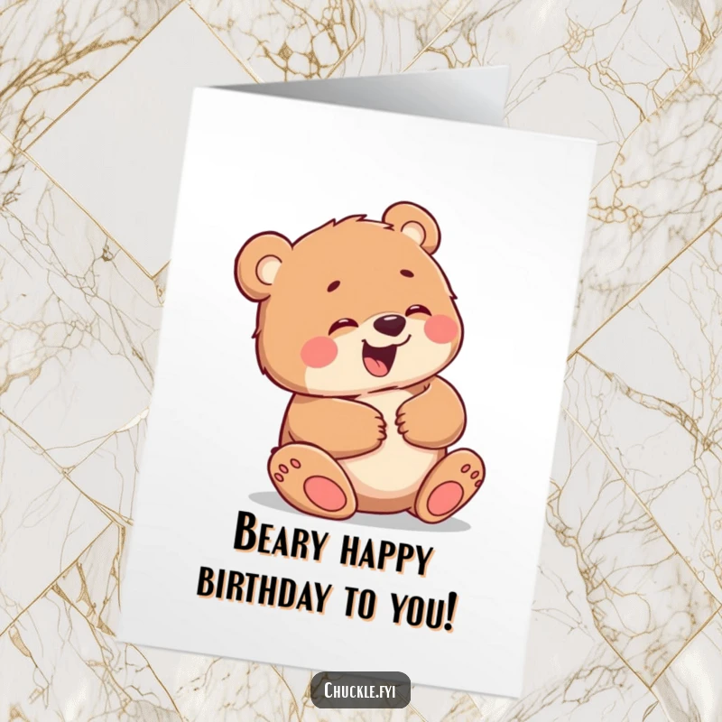 Funny Free Printable Birthday Card: A little bear cub giggling uncontrollably, holding its belly, perfect for a DIY gift.